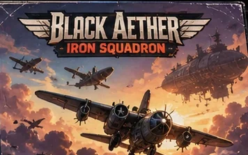 Capa oficial de Black Aether: Iron Squadron, com aviões dieselpunk em combate diante de um céu ao entardecer.