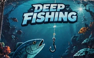 Capa oficial de Deep Fishing, com um peixe e um anzol no fundo do mar.