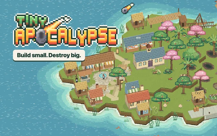 Arte oficial de Tiny Apocalypse: uma ilha em pixel art com casas, árvores e um meteoro caindo do céu.